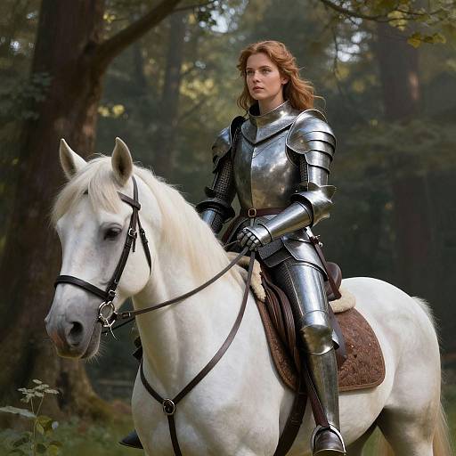 Photograph of a fair-skinned, brown-haired woman in silver medieval armor riding a white horse in a forest, sunlight filtering through trees.