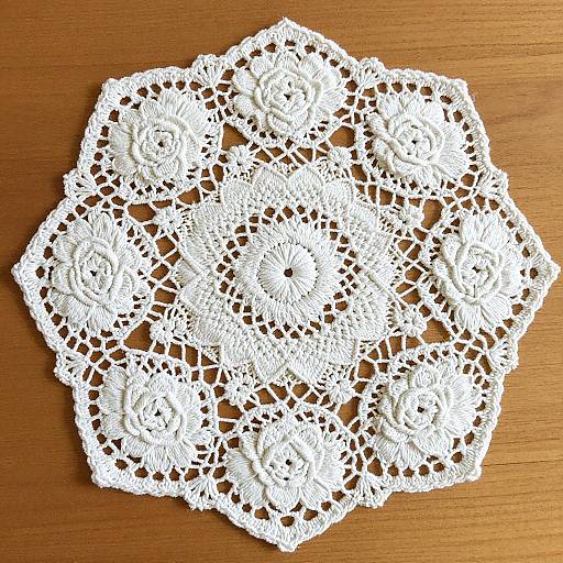Photograph of intricate white lace doily with floral patterns, placed on a wooden surface. The lace's detailed crochet design contrasts with the warm, textured