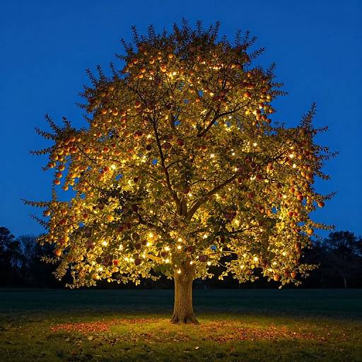 Photograph of a tree illuminated with warm yellow lights against a deep blue evening sky, standing alone in a grassy field.