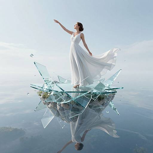 Digital artwork of a woman in a flowing white dress, standing on a glassy, shattered platform, reaching upwards, reflected in calm water.