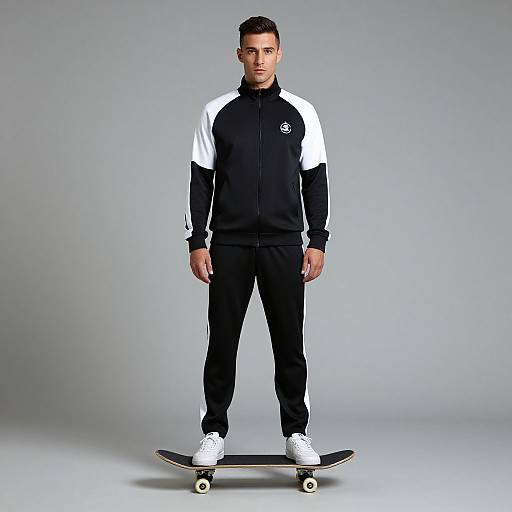 Photograph of a young man with short dark hair, wearing black and white track suit, standing on a skateboard against a plain gray background.