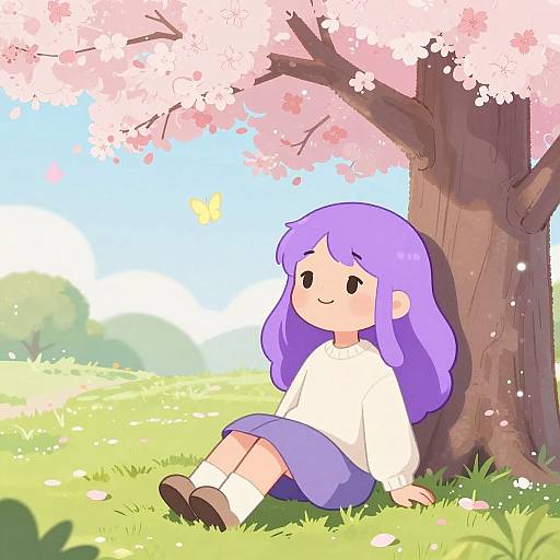 Whimsical Purple-Haired Girl Under Blossoms