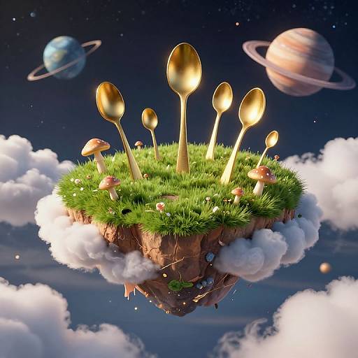 CGI fantasy scene: floating grass island with golden mushroom-like plants, surrounded by clouds, stars, and two colorful planets in a twilight sky.