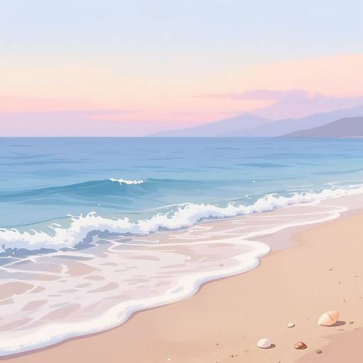 Digital illustration of a serene beach at sunset, featuring gentle waves, white foam, sandy shore, scattered seashells, and a gradient sky from pink