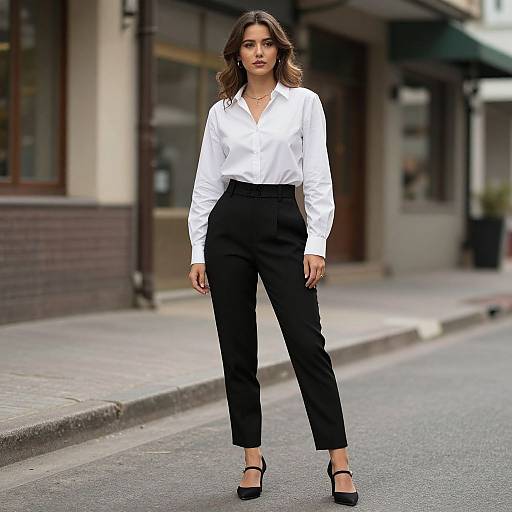 Photograph of a confident woman with wavy brown hair, wearing a white blouse, black high-waisted pants, and black heels, standing on