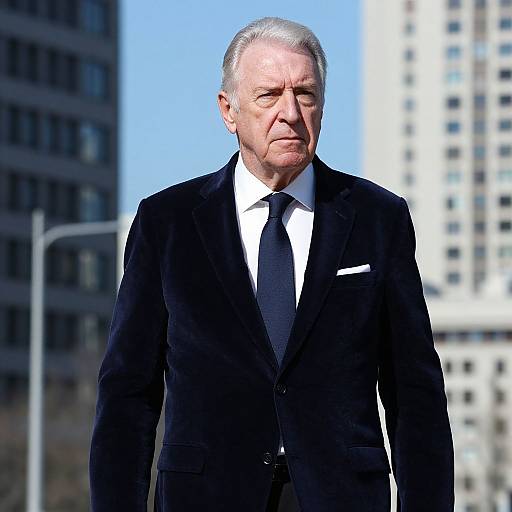 Photograph of an elderly white man with short gray hair, wearing a black suit, white shirt, and black tie, standing in front of blurred city