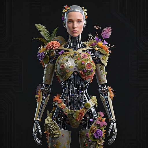 Photorealistic CGI of a robotic woman adorned with colorful flowers, ferns, and petals on her metallic body, against a black background.