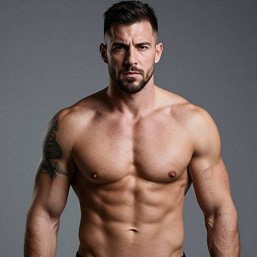 Photograph of a muscular, shirtless man with short dark hair, beard, and tribal tattoo on left shoulder, standing against a gray background.