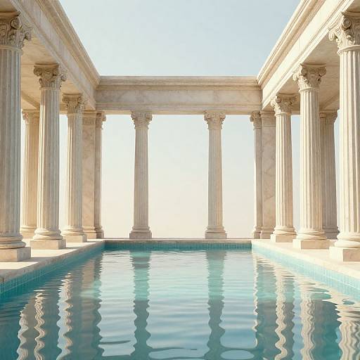 Photorealistic image of a luxurious, sunlit marble-columned pool courtyard with clear blue water reflecting the elegant, classical architecture.