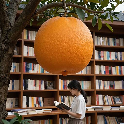 Photograph of a giant orange hanging from a tree in front of a book-filled wooden library, with a woman in white reading a book in the background