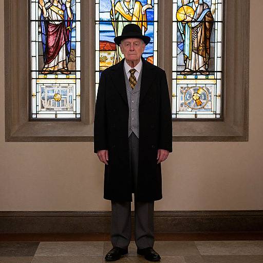 Elderly man in black overcoat, gray vest, tie, and hat stands in front of colorful stained glass windows, church setting.