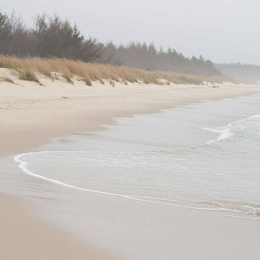 Photograph of a serene, foggy beach with gentle waves lapping the shore, sand dunes lined with sparse, leafless trees in the background