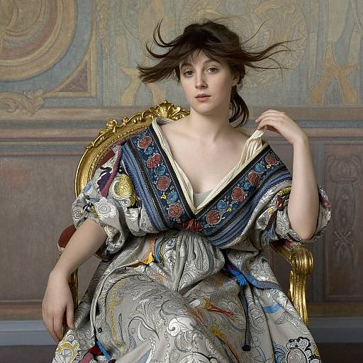 Digital art of a pale-skinned woman with dark hair, wearing a detailed, colorful, ornate kimono, sitting on a gold, intricate chair