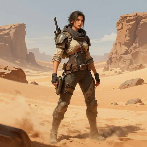Digital art of a strong, dark-haired woman in desert armor, standing confidently in a sandy canyon with rocky cliffs, holding a gun. Sunlit,