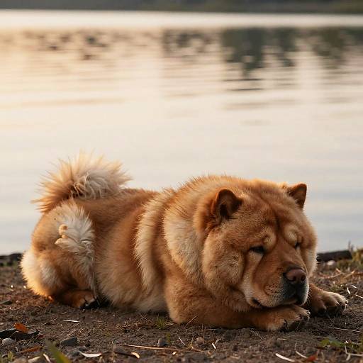 Chow Chow Resting by Lake at Sunset
