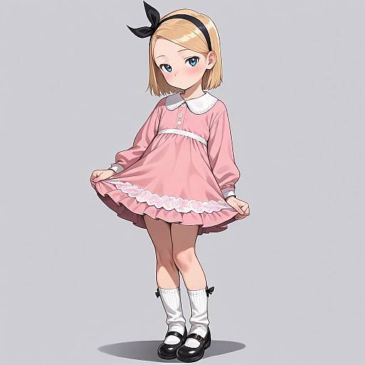 Digital anime-style drawing of a blonde girl with blue eyes wearing a pink dress, white socks, black Mary Jane shoes, and a black hair bow,
