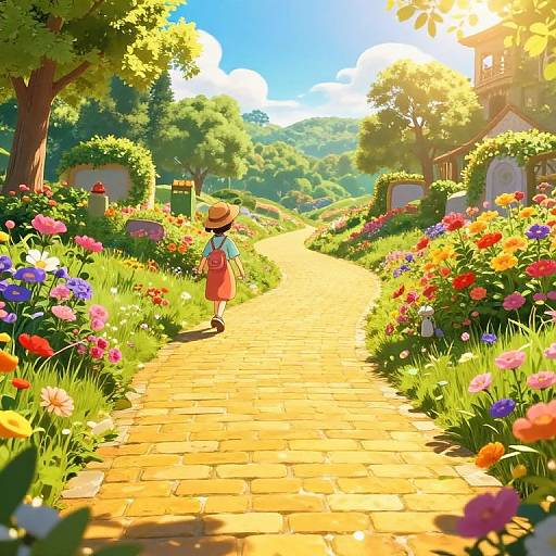 Digital illustration of a sunny, vibrant garden path lined with colorful flowers, a person in a red dress and straw hat walking away, surrounded by lush green