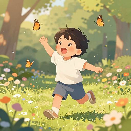 Digital illustration: Joyful Asian boy with black hair, white shirt, blue shorts, and brown shoes, runs in sunlit meadow with colorful flowers