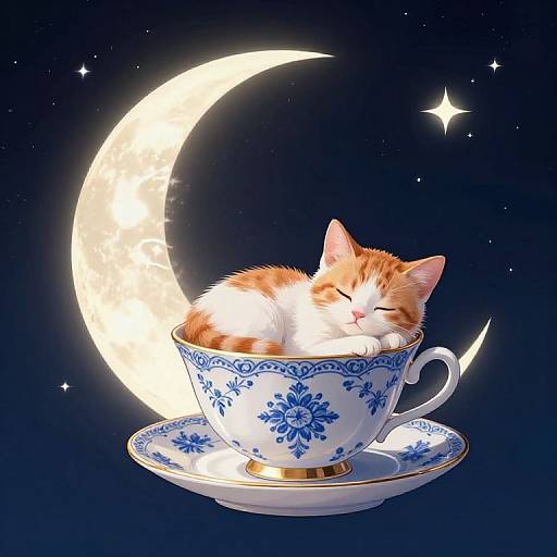 Kitten Sleeping in Blue Patterned Teacup with Crescent Moon