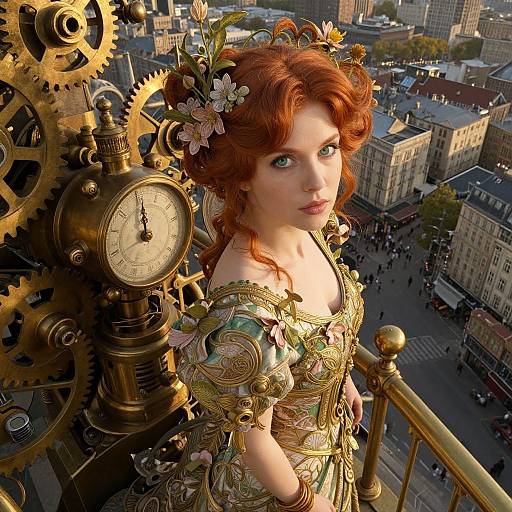 Steampunk red-haired woman with floral headpiece and intricate gold dress, standing beside large clockwork gears, overlooking a bustling cityscape. Digital art
