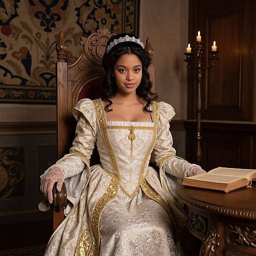 Photograph of a Black woman in an ornate, gold-trimmed, white Renaissance-style dress, sitting in a wooden chair, reading a book