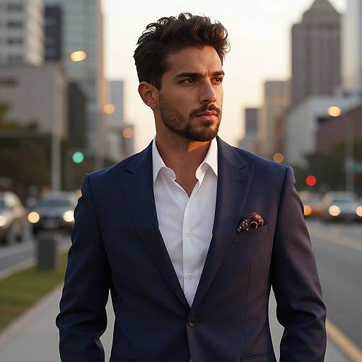 Photograph of a handsome, dark-haired man with a beard in a navy suit, white shirt, and pocket square, standing on a city street at