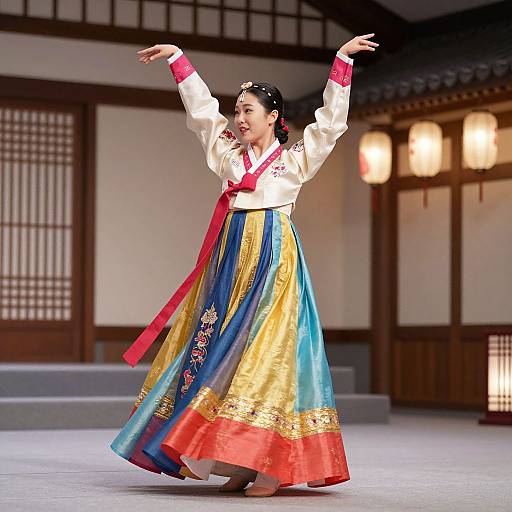 Photograph of a Korean woman performing a traditional dance in colorful hanbok, with arms raised, set in a traditional wooden building.