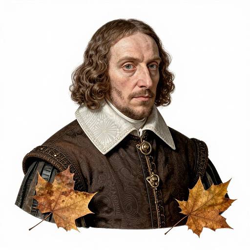 Photorealistic portrait of a middle-aged man with curly brown hair, beard, and European Renaissance-style black velvet shirt with white collar, surrounded by autumn