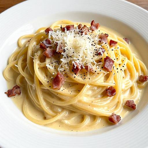 Photograph of creamy fettuccine pasta topped with crispy bacon bits and sprinkled with black pepper, served in a white plate.
