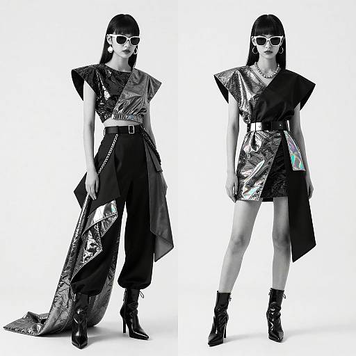 Photograph of two stylish women in black, metallic, asymmetrical dresses and high-heeled boots, wearing white sunglasses and necklaces, against a white