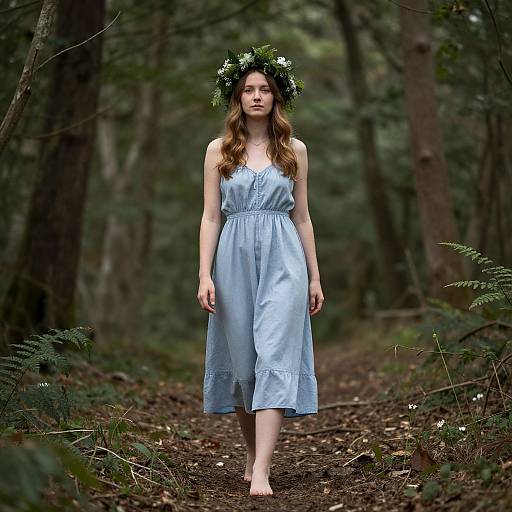 Photograph of a young woman with long brown hair, wearing a light blue sleeveless dress and a green leafy crown, standing barefoot on a