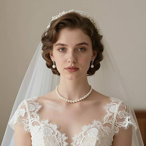 Bride in Lace Wedding Dress with Pearl Jewelry