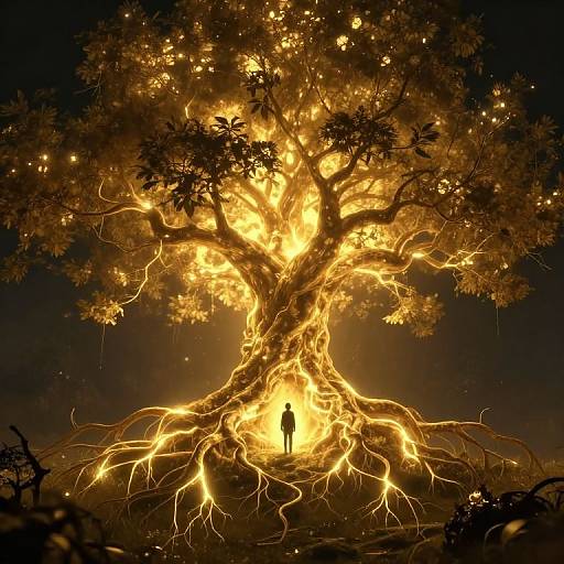Digital artwork of a glowing, fiery tree with intricate, illuminated roots, silhouetted figure standing at its base, night sky background.