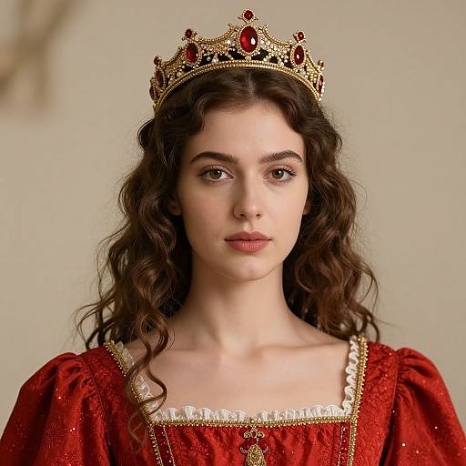 Photograph of a young woman with wavy brown hair, wearing a gold crown with red jewels, and a red, embroidered dress with gold trim.