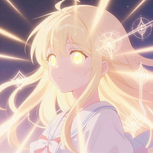 Anime-style digital drawing of a blonde girl with glowing yellow eyes, surrounded by bright, electric light beams against a dark, starry background. She wears