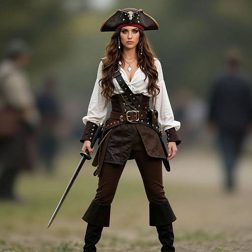 Photograph of a confident woman in an 18th-century pirate outfit, including a tricorn hat, white shirt, brown pants, black boots,