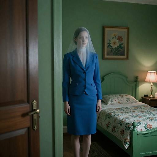 Eerie Woman in Blue Suit at Doorway