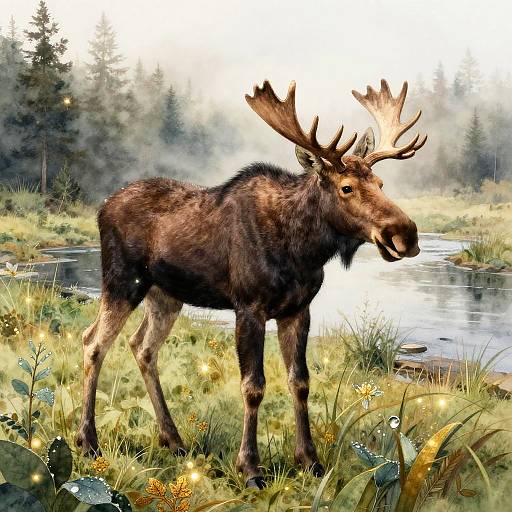 Watercolor Baby Moose in Magical Meadow