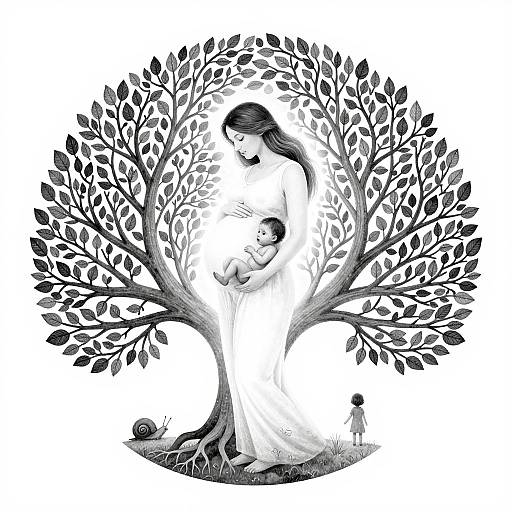 Ink drawing of a mother with long hair, cradling a baby under a detailed, leafy tree, with a small child and a ball