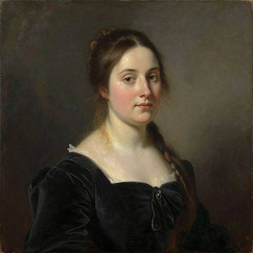 Classical oil painting of a young white woman with light skin, brown hair in a braid, wearing a black velvet dress, against a dark background