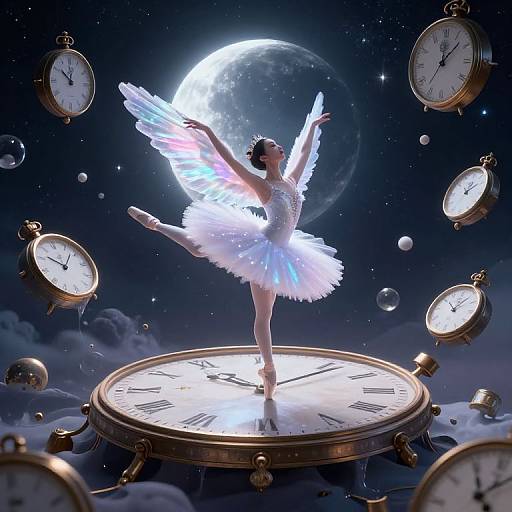 Digital artwork of a glowing, white-winged ballerina in a tutu standing on a floating clock face, surrounded by floating clocks and bubbles under