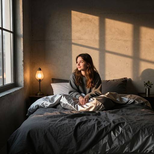 Photograph of a young woman with long brown hair, wearing a gray sweatshirt, sitting on a bed with silver and gray bedding, bathed in