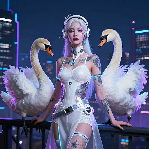 Cyberpunk Leda with Neon Swans