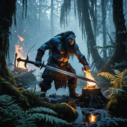Troll Blacksmith Forging Flame-Edged Sword in Swamp