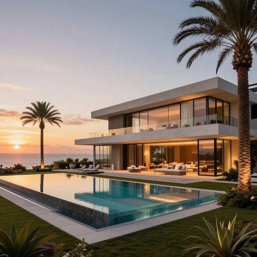 Photograph of modern two-story house with large glass windows, pool, palm trees, sunset sky, ocean view, and outdoor seating area.