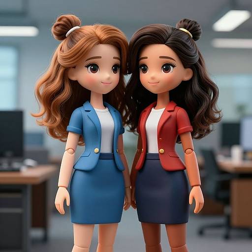 Photograph of two cute, stylized, 3D doll women with big eyes, wearing professional outfits—one in blue, one in red—standing
