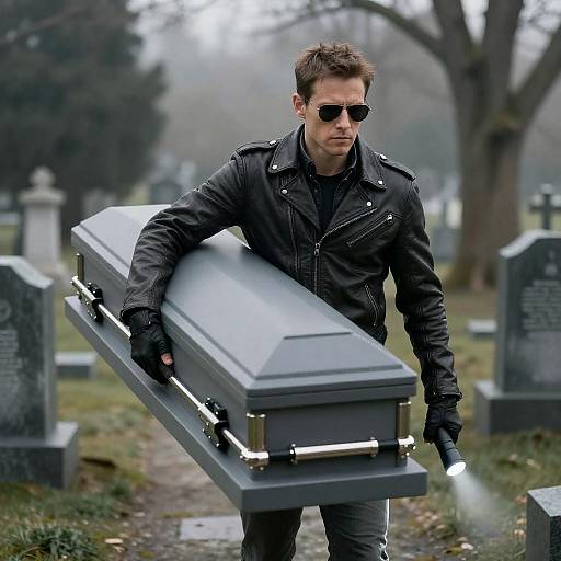 Mysterious Man in Graveyard with Coffin