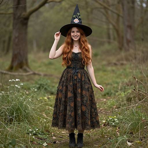 Photograph of a smiling young woman with long red hair, wearing a black witch hat and dress with floral patterns, standing in a forest clearing with grass