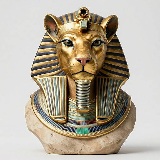 Digital artwork of an Egyptian-style lion bust with golden fur, black and blue striped headdress, turquoise gem, and striped collar.