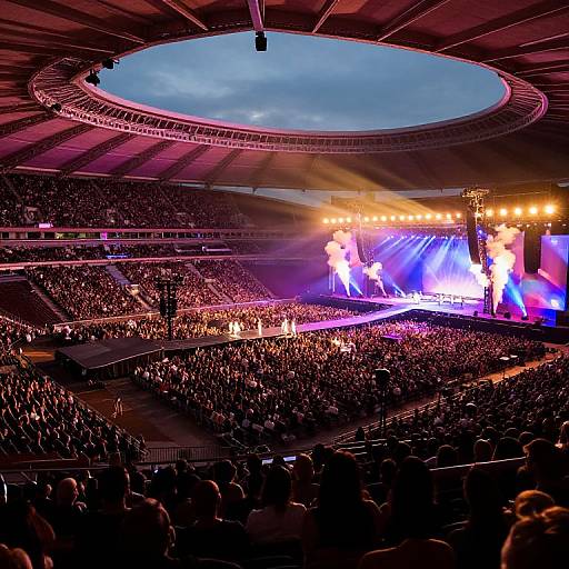 Photograph of a vibrant concert inside a large, oval-shaped stadium with a packed crowd, colorful stage lights, and performers under a cloudy sky.